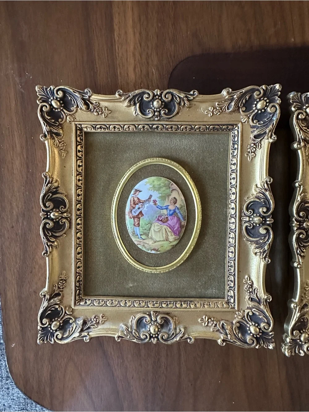 Decorative Gold Ornate Picture Frame Pair with Pastel Cameo Art